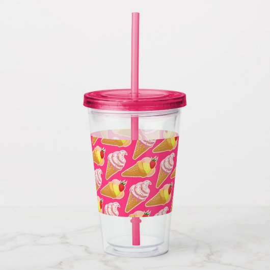 Roze Kawaii-patroon met aardbeienijs Acryl Drinkbeker (Voorkant)