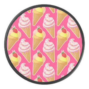 Roze Kawaii-patroon met aardbeienijs Hockey Puck