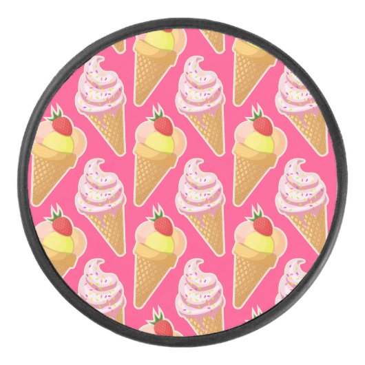 Roze Kawaii-patroon met aardbeienijs Hockey Puck (Voorkant)