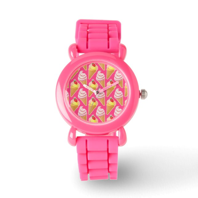 Roze Kawaii-patroon met aardbeienijs Horloge (Voorkant)