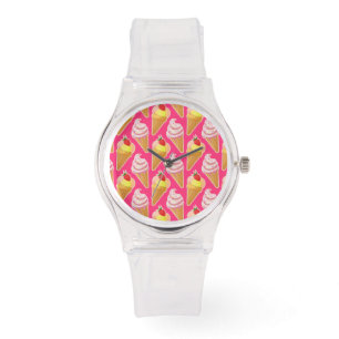 Roze Kawaii-patroon met aardbeienijs Horloge