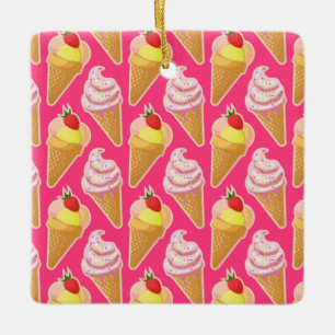 Roze Kawaii-patroon met aardbeienijs Keramisch Ornament