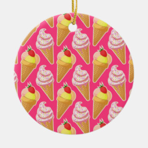 Roze Kawaii-patroon met aardbeienijs Keramisch Ornament