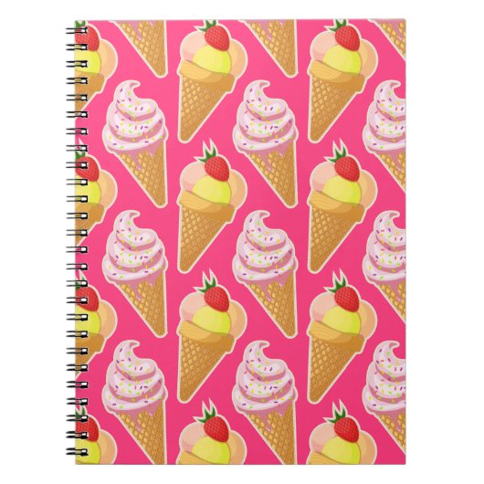 Roze Kawaii-patroon met aardbeienijs Notitieboek (Voorkant)