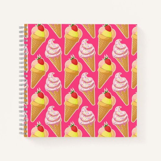Roze Kawaii-patroon met aardbeienijs Notitieboek (Voorkant)
