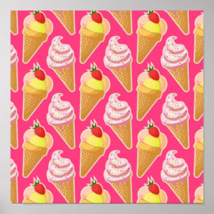 Roze Kawaii-patroon met aardbeienijs Poster
