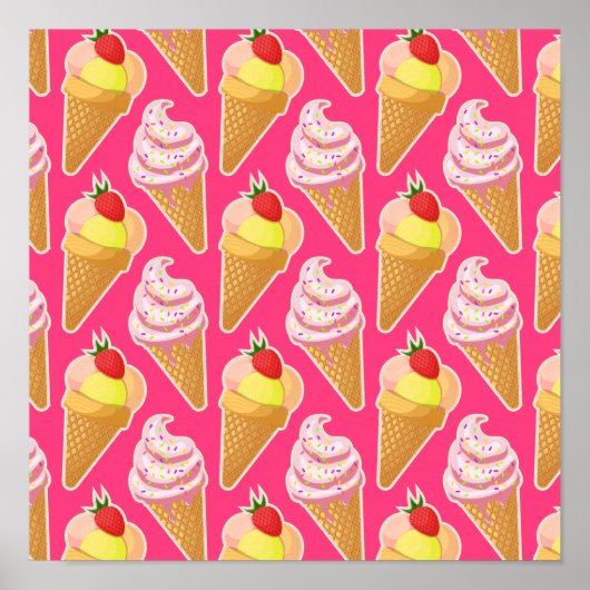 Roze Kawaii-patroon met aardbeienijs Poster (Voorkant)