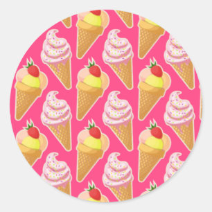 Roze Kawaii-patroon met aardbeienijs Ronde Sticker