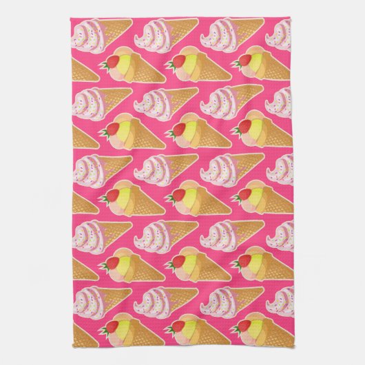 Roze Kawaii-patroon met aardbeienijs Theedoek (Verticaal)