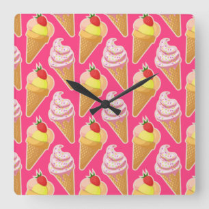 Roze Kawaii-patroon met aardbeienijs Vierkante Klok