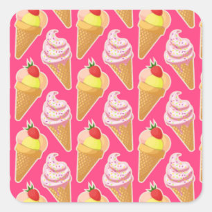 Roze Kawaii-patroon met aardbeienijs Vierkante Sticker