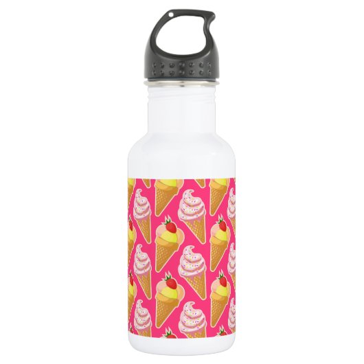 Roze Kawaii-patroon met aardbeienijs Waterfles (Voorkant)