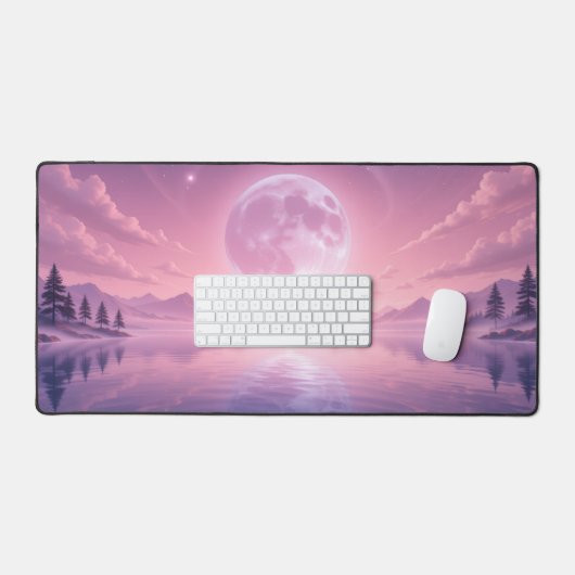 Roze Kawaii Serene Midnight Volle Maan Sky, River, Bureaumat (Keyboard & Muis)