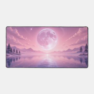 Roze Kawaii Serene Midnight Volle Maan Sky, River, Bureaumat