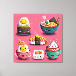 Roze Kawaii Sushi Feest Canvas Afdruk
