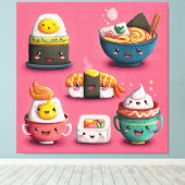 Roze Kawaii Sushi Feest Canvas Afdruk (Insitu (Houten vloer))