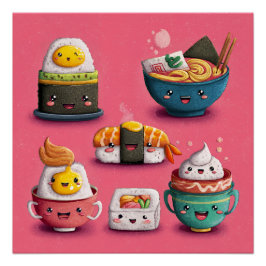 Roze Kawaii Sushi Feest Perfect Poster