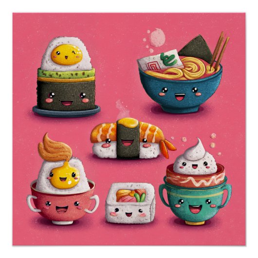 Roze Kawaii Sushi Feest Perfect Poster (Voorkant)