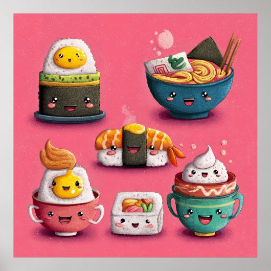 Roze Kawaii Sushi Feest Poster (Voorkant)