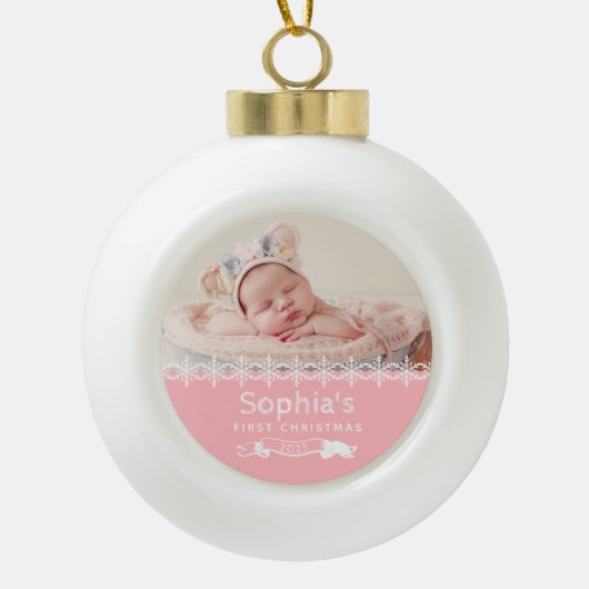 Roze Keepomwille Foto voor baby's eerste Kerstmis Keramische Bal Ornament (Voorkant)