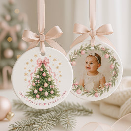 Roze Keramische Foto Ornament voor Eerste Kerst Ba