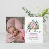 Roze kerk bloemen waterverf baby shower kaart (Staand voorkant)