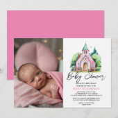 Roze kerk bloemen waterverf baby shower kaart (Voorkant / Achterkant)