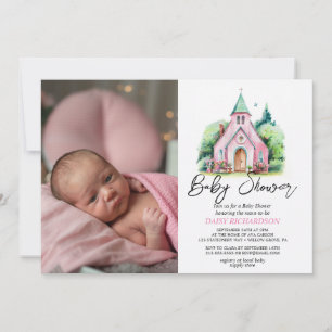 Roze kerk bloemen waterverf baby shower kaart