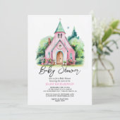 Roze kerk bloemen waterverf baby shower kaart (Staand voorkant)