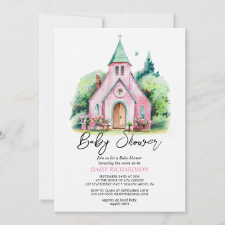 Roze kerk bloemen waterverf baby shower kaart