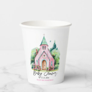 Roze kerk bloemen waterverf baby shower papieren bekers