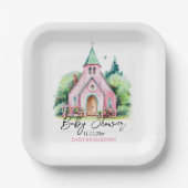 Roze kerk bloemen waterverf baby shower papieren bordje (Voorkant)