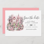 Roze kerk Bloemen waterverf Bewaar de datum Kaart (Voorkant / Achterkant)