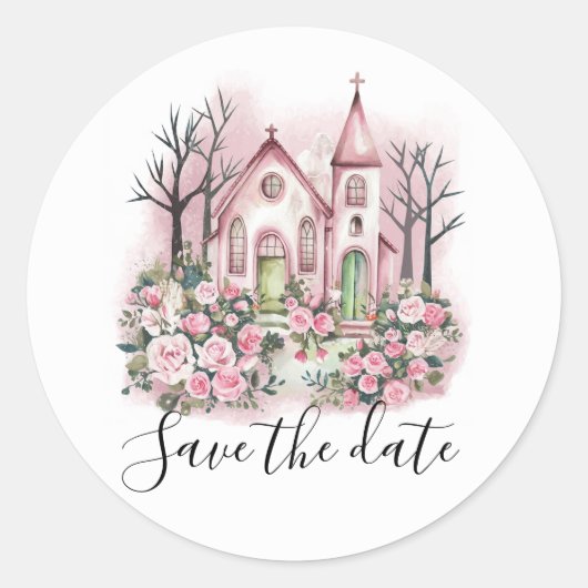Roze kerk Bloemen waterverf Bewaar de datum Ronde Sticker (Voorkant)