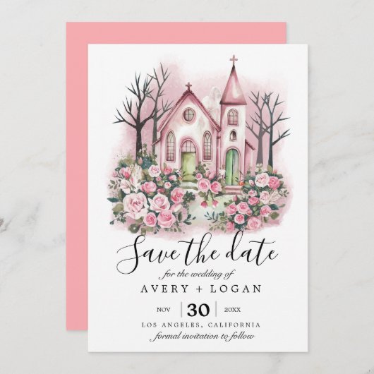 roze kerk bloemige waterverf save the date kaart (Voorkant / Achterkant)