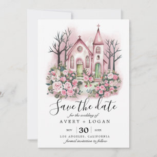 roze kerk bloemige waterverf save the date kaart