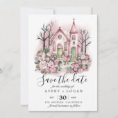roze kerk bloemrijke aquarel save the date kaart (Voorkant)