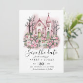 roze kerk bloemrijke aquarel save the date kaart (Staand voorkant)