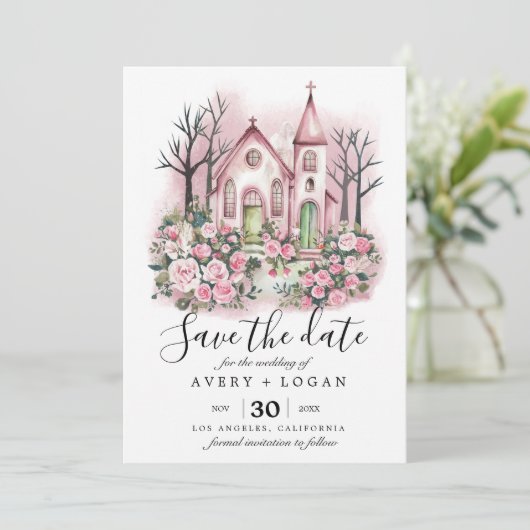 roze kerk bloemrijke aquarel save the date kaart (Staand voorkant)