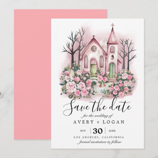 roze kerk bloemrijke aquarel save the date kaart (Voorkant / Achterkant)