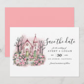 roze kerk bloemrijke aquarel save the date kaart (Voorkant / Achterkant)
