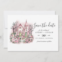 roze kerk bloemrijke aquarel save the date