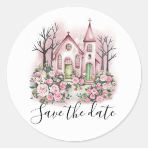 roze kerk bloemrijke waterverf save the date ronde sticker