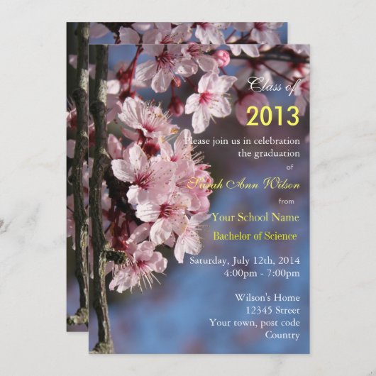 Roze kerry blossom graduparty kaart (Voorkant / Achterkant)