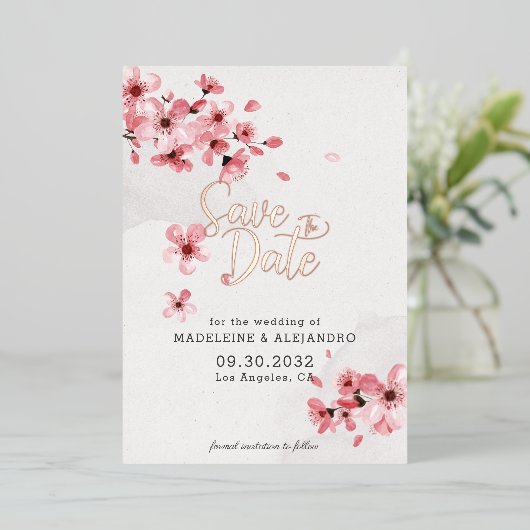 Roze kerry blossom romantische bruiloft Sla datum Folie Uitnodiging (Staand Voorkant)