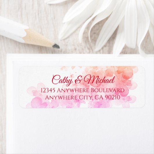 Roze kerry blossom trouwadres etiket (Insitu)