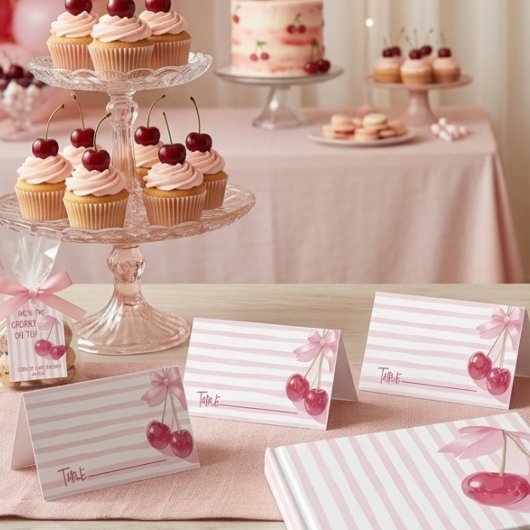 Roze kers op retro babyshowerkaart kaart