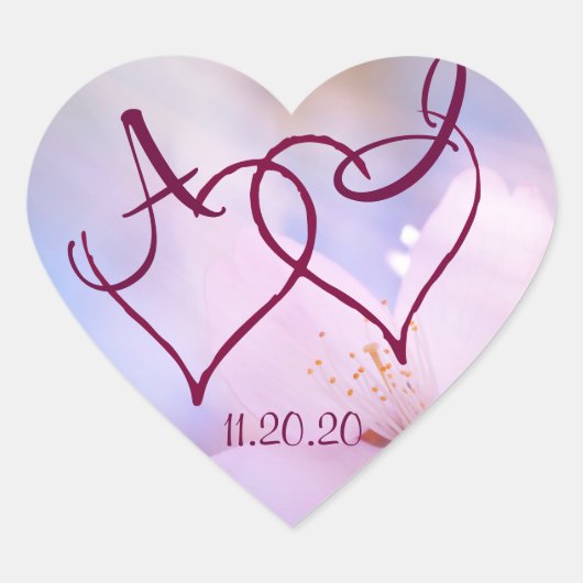 Roze kersbloesem en twee harten die aanpasbaar zij hart sticker (Voorkant)