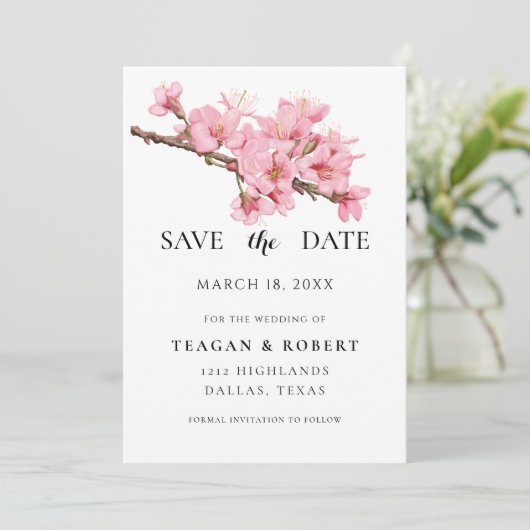 Roze kersbloesems save the date (Staand voorkant)