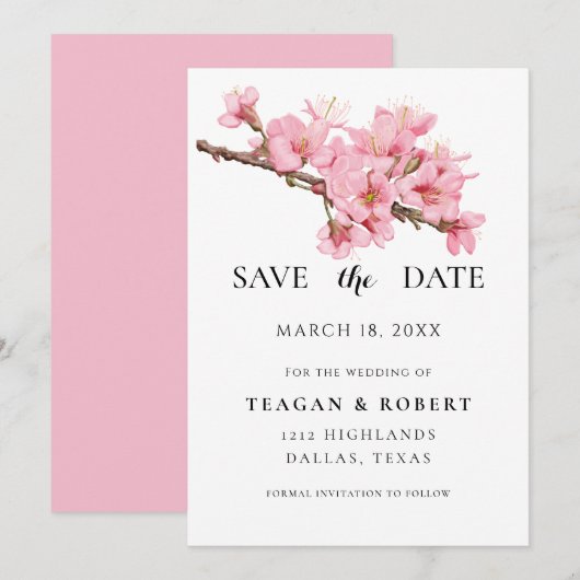 Roze kersbloesems save the date (Voorkant / Achterkant)